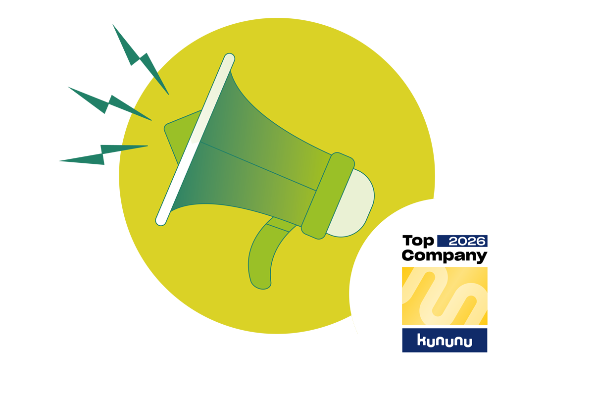 Comic Megafon in gelb und grün als Symbol für Jobs in Münchberg bei Biohealth mit Badge der kununu Top Company 2026