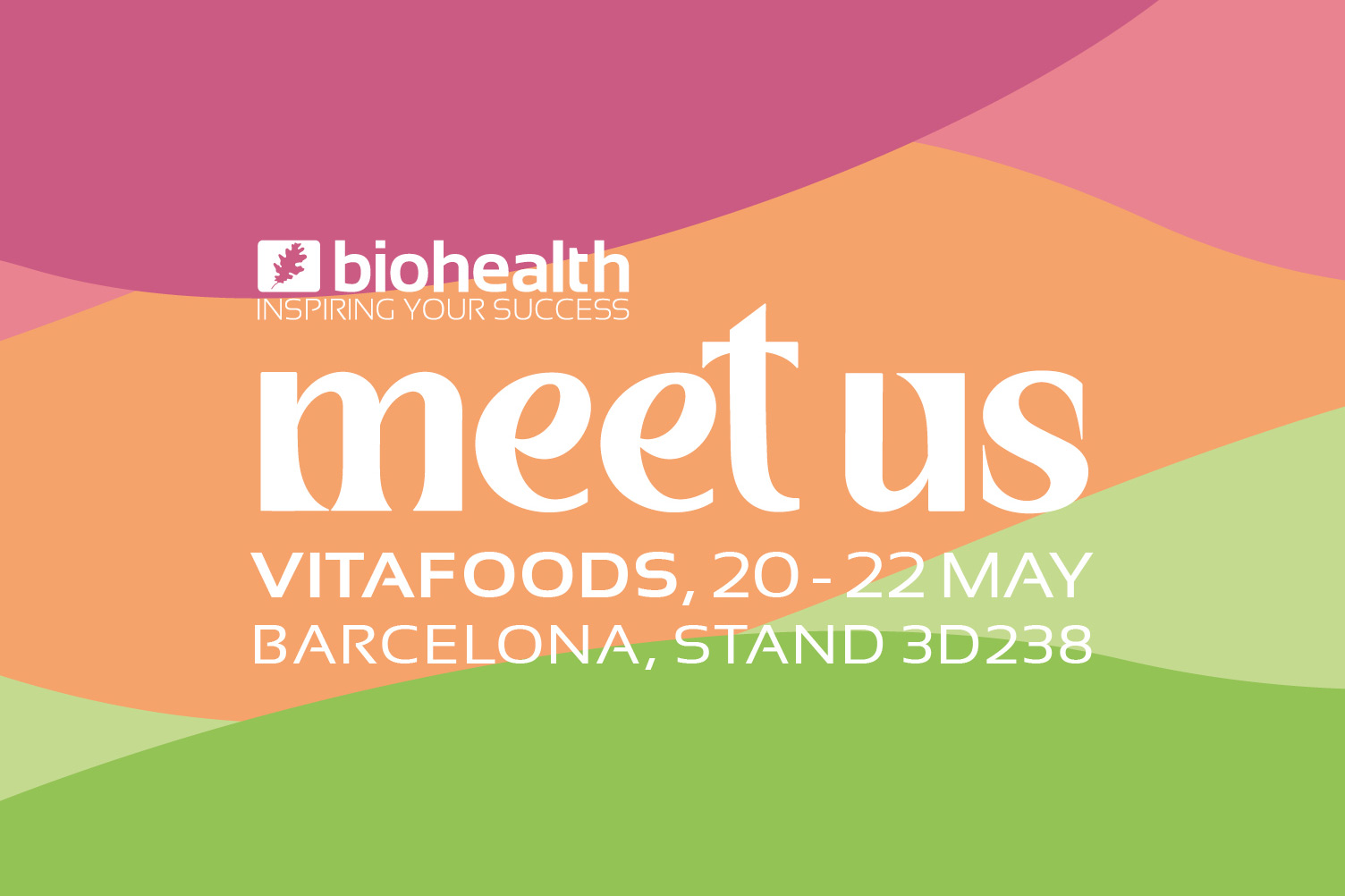Bunte Wellen im Hintergrund, darauf "Meet us" und Informationen zur Vitafoods 2025