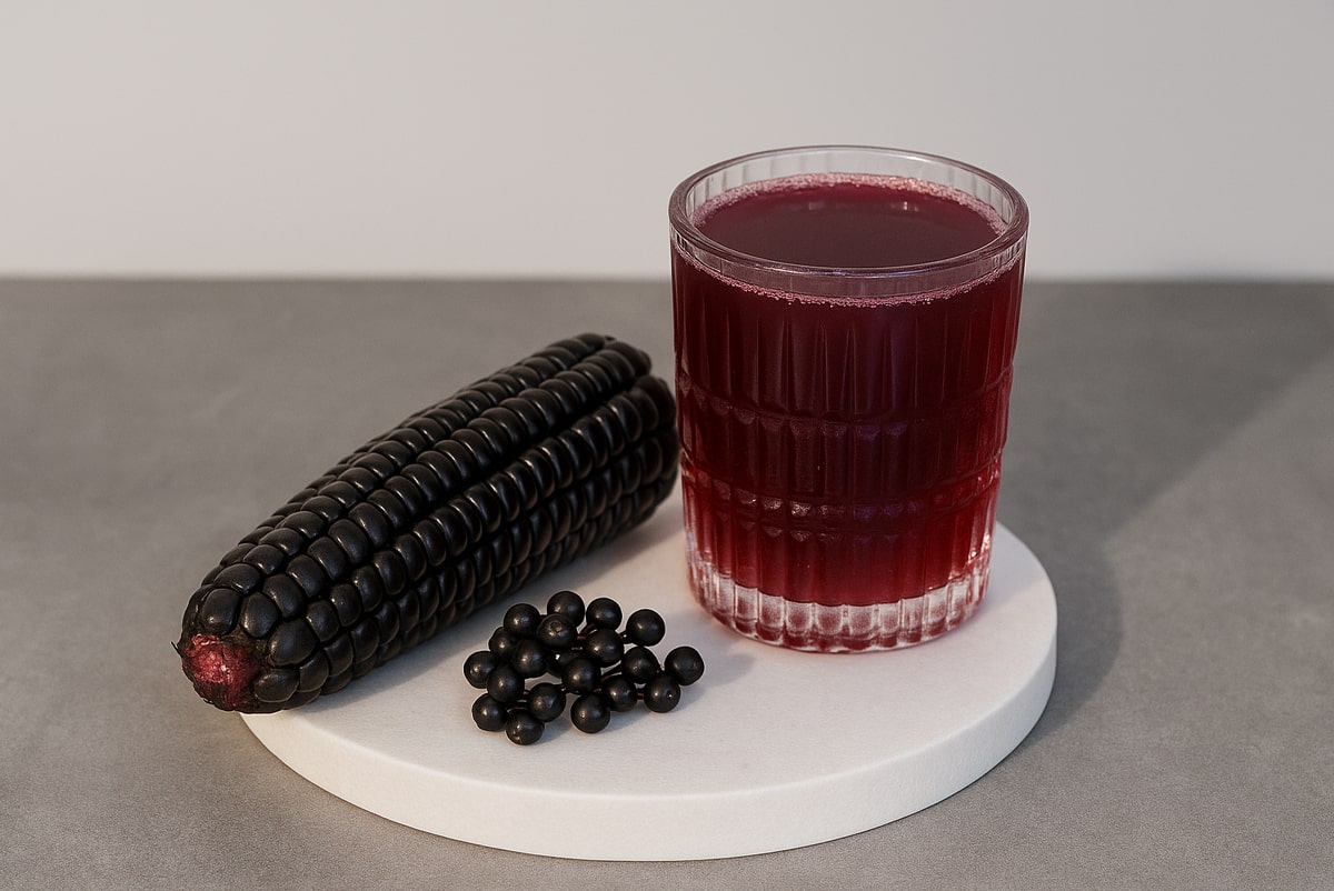 Chicha Morada Mais und Holunderbeeren liegen neben einem rölichen EAA Drink auf einem runden, weißen Teller vor grauem Hintergrund