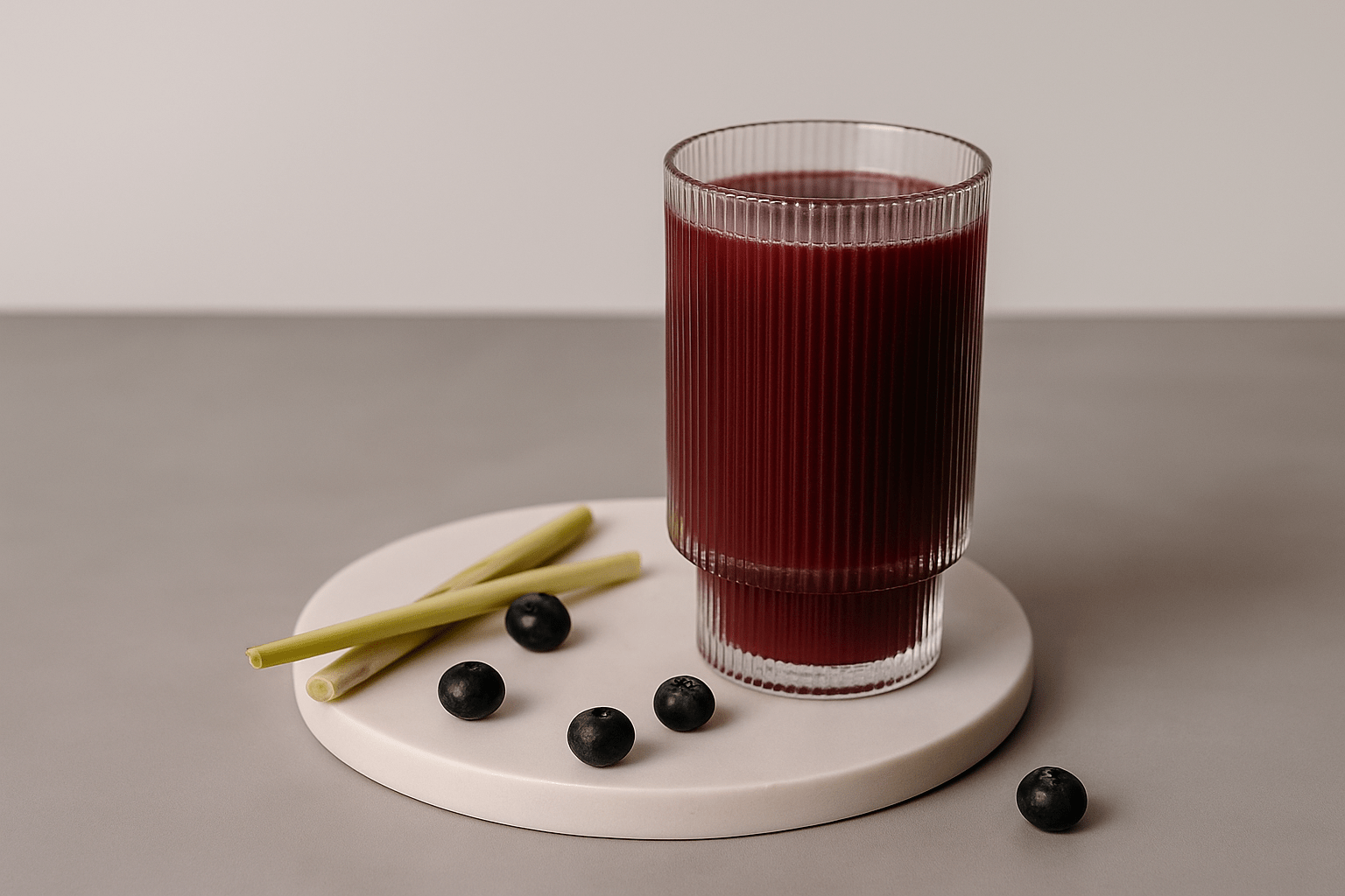 Zitronengras und Acai Beeren liegen auf einem runden, weißen Teller vor grauem Hintergrund. Daneben ein beerenfarbener Drink in hohem Glas