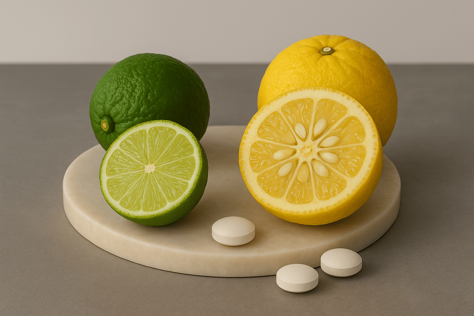 Limetten und Yuzufrüchte liegen auf einem Teller, dazwischen weiße Lutschtabletten
