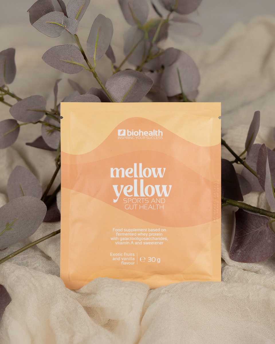 Fermentiertes Protein Mellow Yellow Sachet in Gelbtönen auf grauem Hintergrund