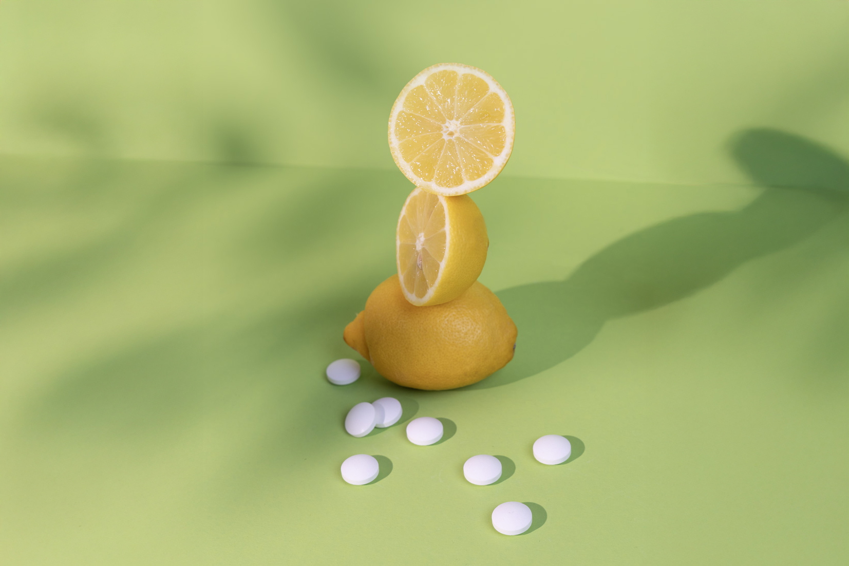 3 übereinandergestapelte Zitronen auf grünem Hintergrund, davor Sour Power Lutschtabletten